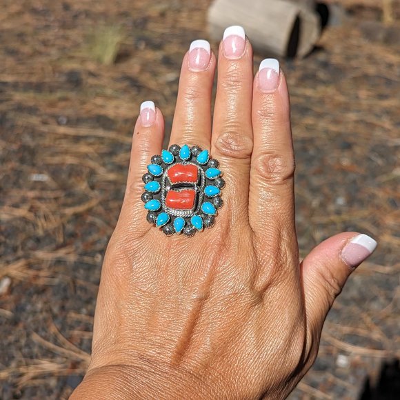 Handcrafted Turquoise Coral Native American Ring Southwestern Sterling Sz 7.5 ** - Picture 5 of 10